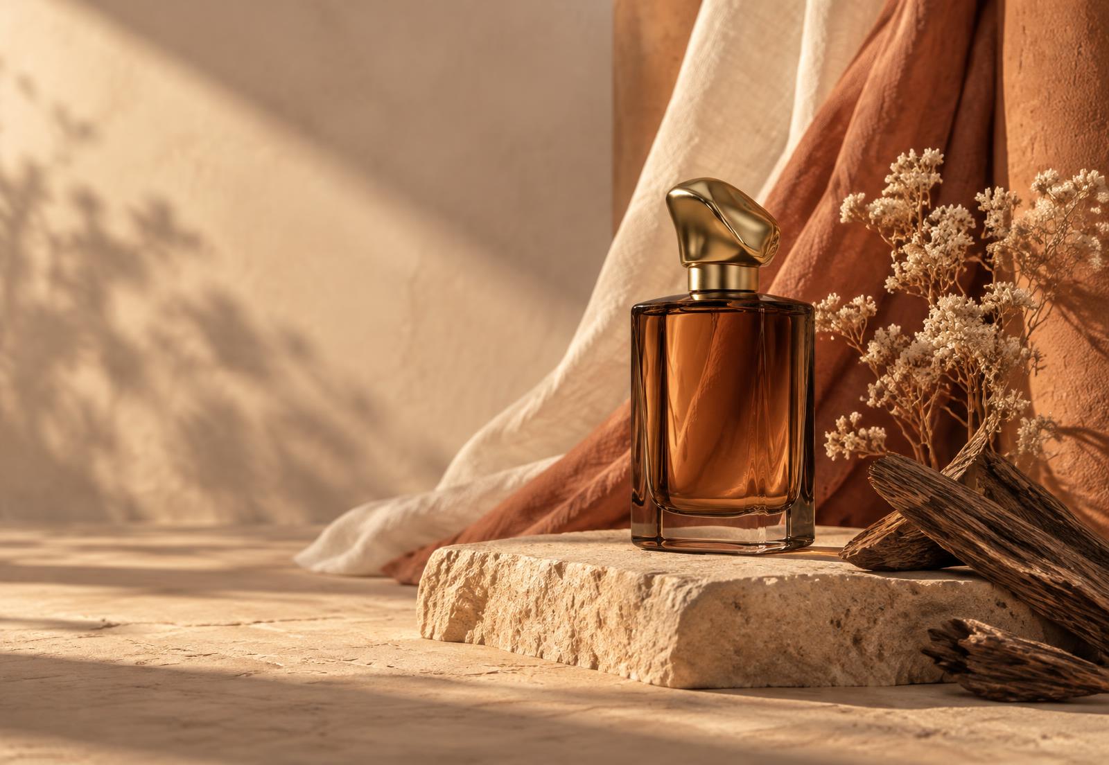 Frasco de perfume âmbar sobre pedra com madeira de oud